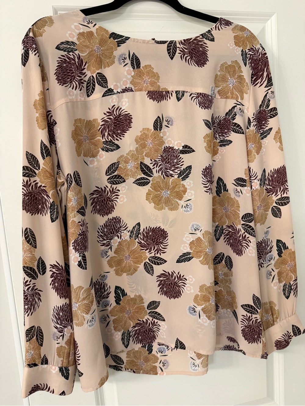 LOFT Blush Floral Balloon-Sleeve Blouse with Mustard & Burgundy Prints